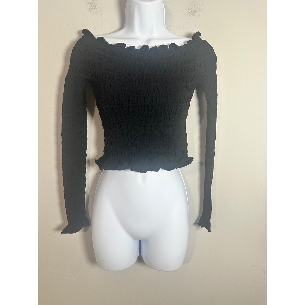 Zara Women Black Smocked Off the Shoulder Long Sleeve Crop Top Size M